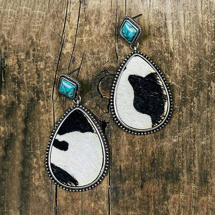 Wholesale retro water drop cow pattern irregular pattern pu earrings MOQ≥2 JDC-ES-Miaos005