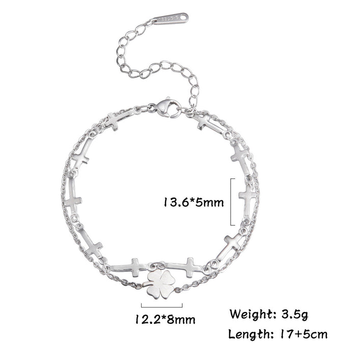 Wholesale Bracelet Stainless Steel Clover and Cross Chain Double Layer JDC-BT-QiJu010