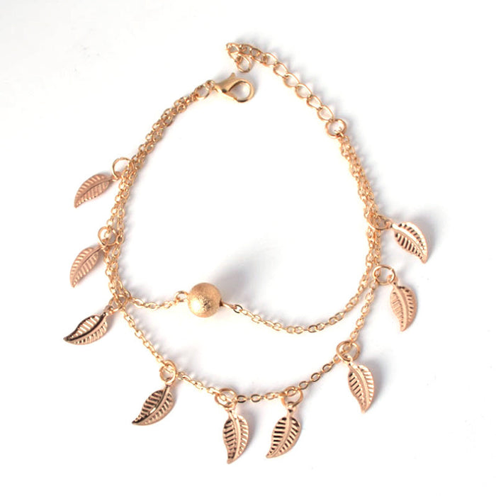 Wholesale beach style leaf anklet double layer tassel small leaf anklet MOQ≥2 JDC-AS-RuiP004