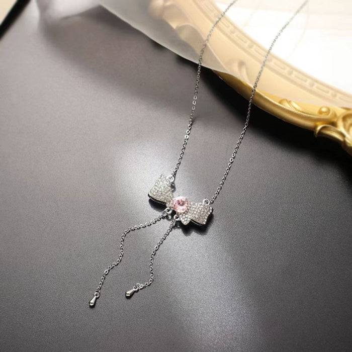 Wholesale Necklace Alloy Full Diamond Pink Bow Knot Earrings Clavicle Chain JDC-NE-YHai004