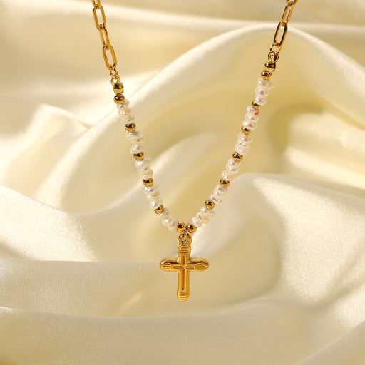 Jewelry WholesaleWholesale 18K Gold Cross Pendant Freshwater Rice Bead Stainless Steel Necklace JDC-NE-JD391 necklaces 杰鼎 %variant_option1% %variant_option2% %variant_option3%  Factory Price JoyasDeChina Joyas De China