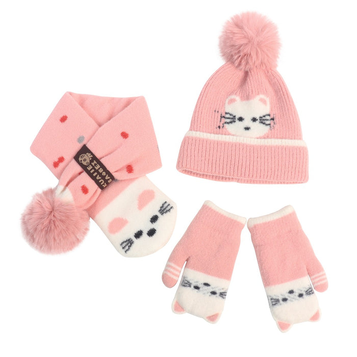 Wholesale Gloves Acrylic Kids Cartoon Plus Fleece Knit Hat Scarf 3 Piece Set MOQ≥2 JDC-GS-JunC002