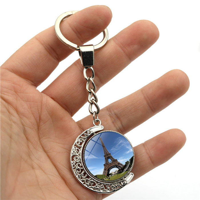 Wholesale Keychain Alloy Time Gemstone Eiffel Tower Double Sided Rotating Pendant Ornament JDC-KC-JiaY012