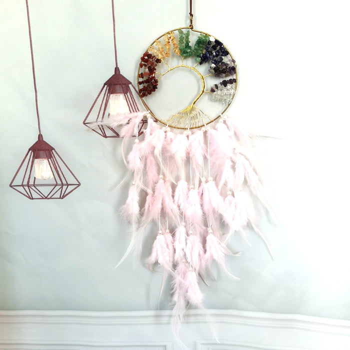 Wholesale Pink Tree of Life Gravel Feather Dreamcatcher MOQ≥2 JDC-DC-HXu002