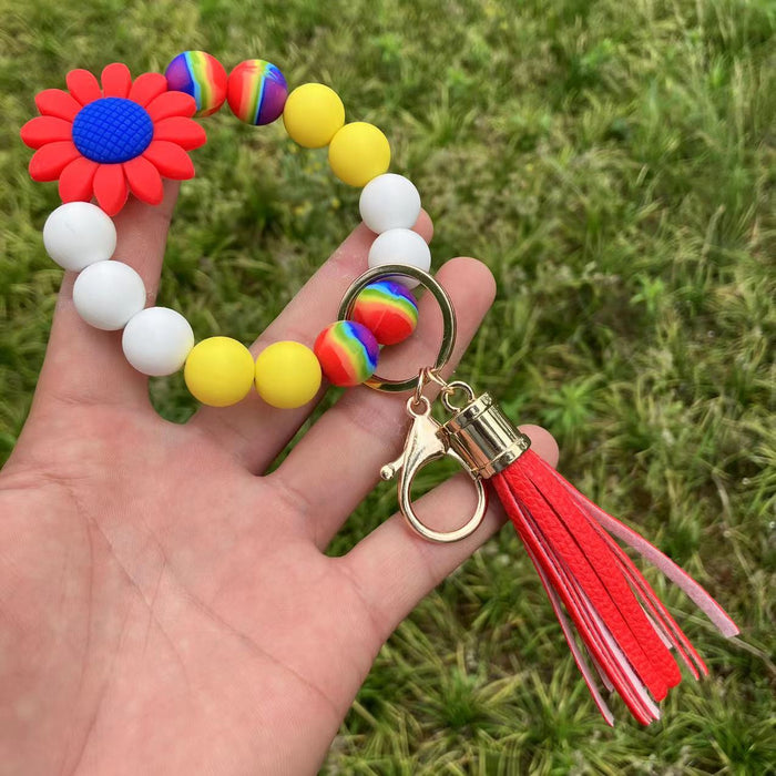 Wholesale Daisy Sunflower Baseball Silicone Beaded Wristlet Keychain MOQ≥2 JDC-KC-QXue006