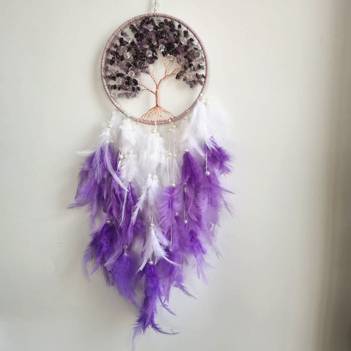 Wholesale Pink Tree of Life Gravel Feather Dreamcatcher MOQ≥2 JDC-DC-HXu002