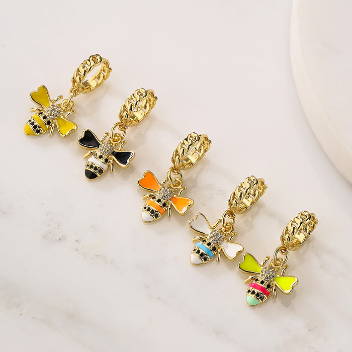 Wholesale Earrings Copper Real Gold Plated Micro Set Zircon Drop Oil Bee JDC-ES-PREMAG006