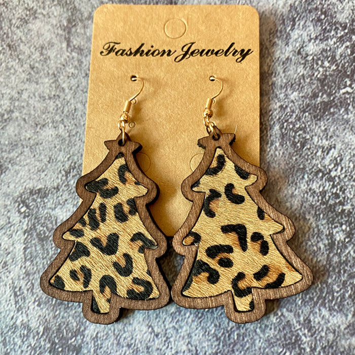 Wholesale Earrings Wooden Leopard Cow Pattern Leather Inlay MOQ≥2 JDC-ES-Qunyi023