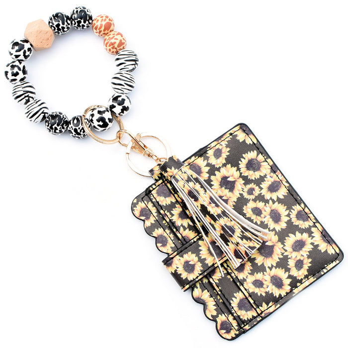 Wholesale Keychains Wooden Beads PU Leather Alloy Leopard Coin Purse Bag JDC-KC-MaoL002