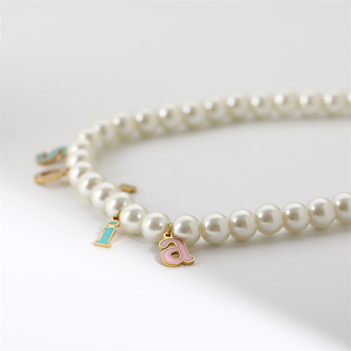 Wholesale Candy Color Glass Pearl Letter Stainless Steel 18K Gold Plated Necklace JDC-NE-Jif057