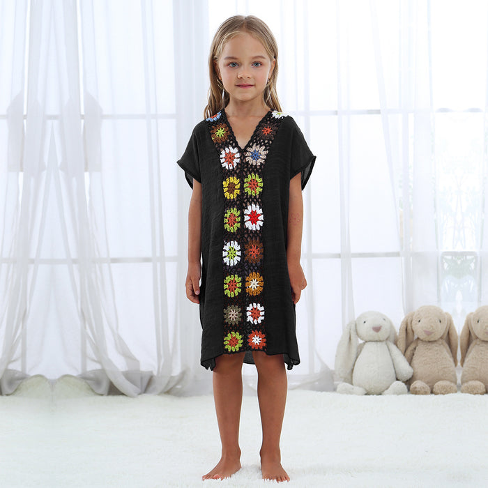 Wholesale parent-child hand crochet flower stitching loose slit children's dress JDC-SW-Yimei007