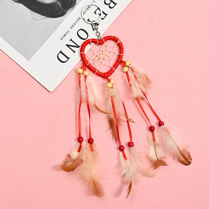 Wholesale Love Iron Ring Feather Beads Silk Thread Dreamcatcher Keychain MOQ≥2 JDC-KC-JunX001