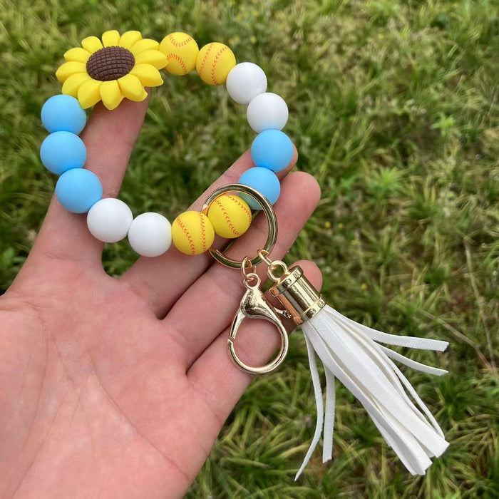 Wholesale Daisy Sunflower Baseball Silicone Beaded Wristlet Keychain MOQ≥2 JDC-KC-QXue006