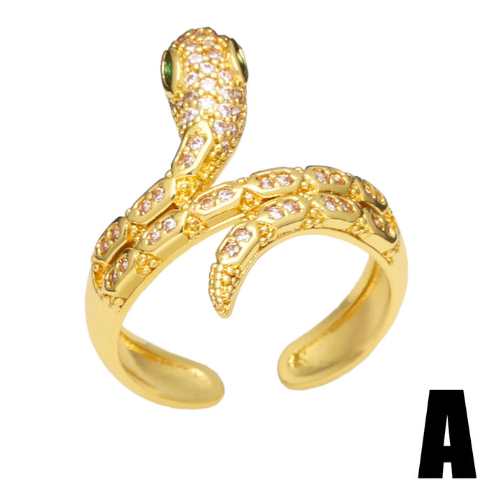 Wholesale Ring Copper Plated 18K Gold Zircon Emerald Snake Adjustable JDC-PREMAS-RS-017