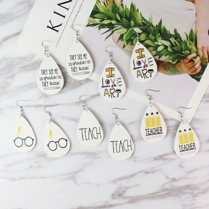 Wholesale Earrings PU Teacher's Day Gift Double Sided Printing MOQ≥2 JDC-ES-Tianpi005