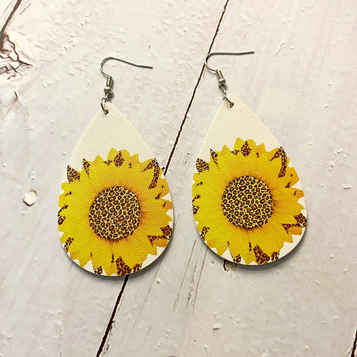 Wholesale Earrings Leather Leopard Sunflower Print Earrings 2 pairs JDC-ES-Qunyi015