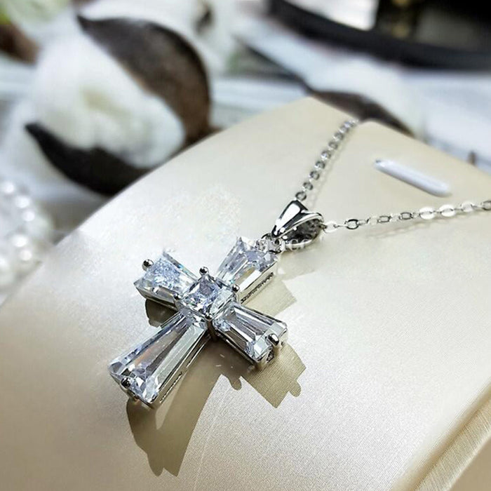 Wholesale Pendant Necklace Set with 3A Zircon Necklace Clear Cross Clavicle Chain JDC-NE-CaoS052