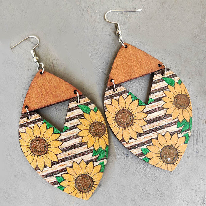 Wholesale Earrings Wooden Boho Sunflower Stripes Big Flower Earrings 2pcs JDC-ES-Heyi032