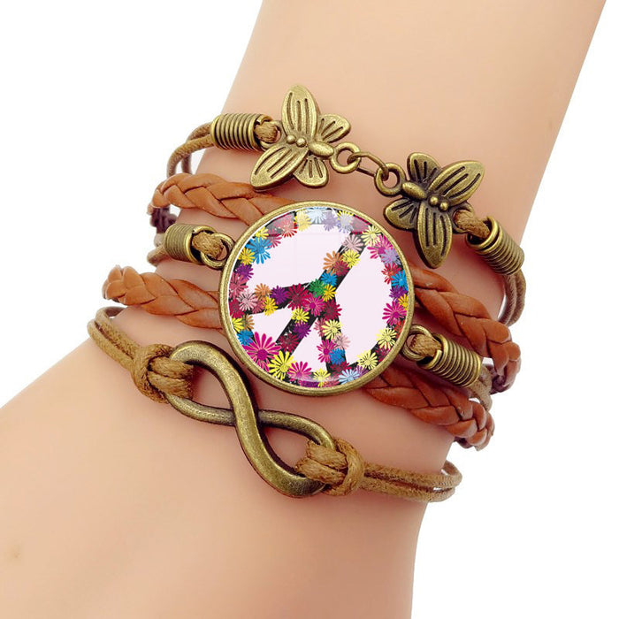 Wholesale Peace Sign Butterfly Leather Glass Bracelet JDC-BT-Jiayun003