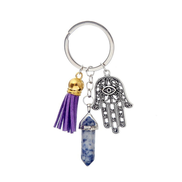 Wholesale Fatima Palm Tassel Crystal Hexagonal Post Alloy Keychain JDC-KC-Cy001