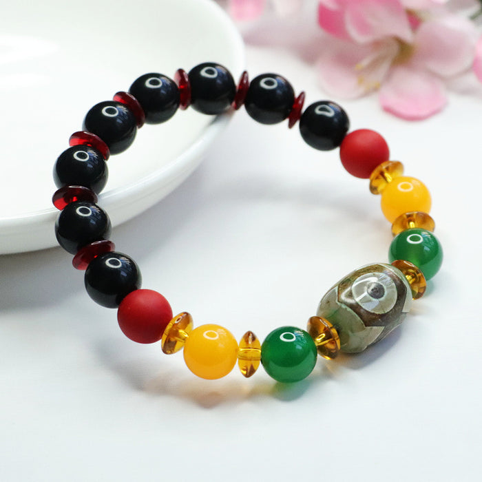 Wholesale Three Eyed Dzi Beads Black Agate Chrysoprase Bracelet Jewelry JDC-BT-JuanY003