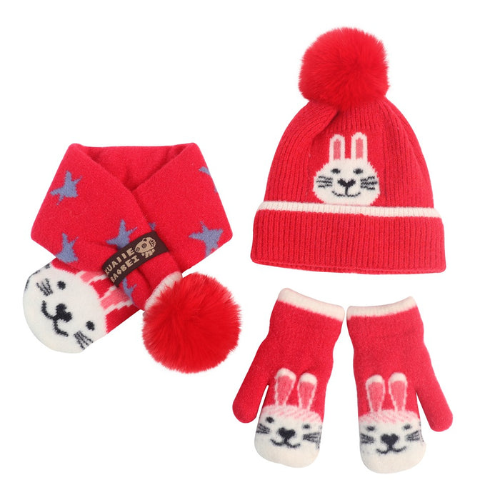 Wholesale Gloves Acrylic Kids Cartoon Plus Fleece Knit Hat Scarf 3 Piece Set MOQ≥2 JDC-GS-JunC002