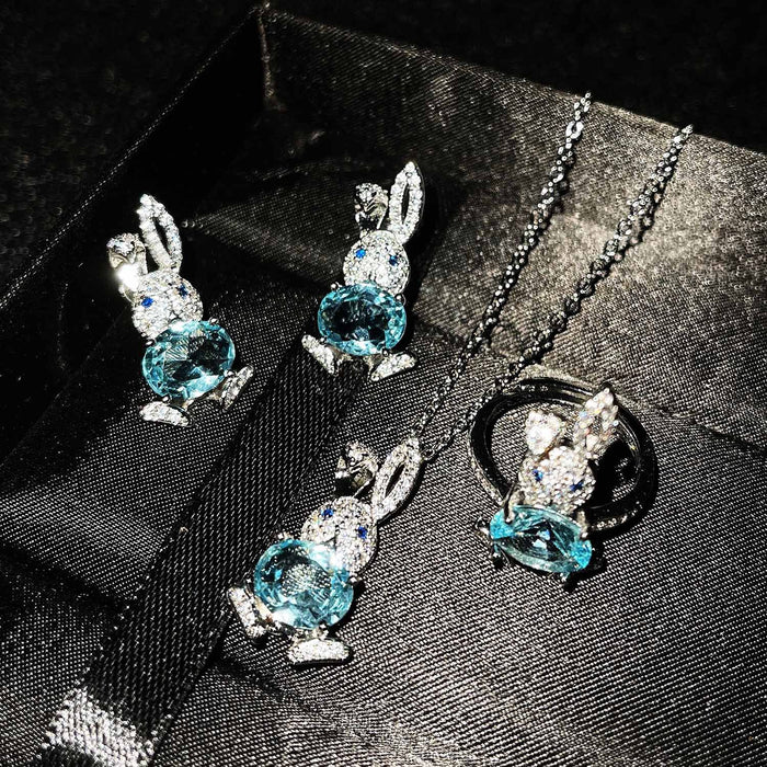 Wholesale Micro Inlaid Diamond Stud Earrings Imitation Natural Sky Blue Topaz Pendant Cute Open Rabbit Ring JDC-NE-ZhenR002