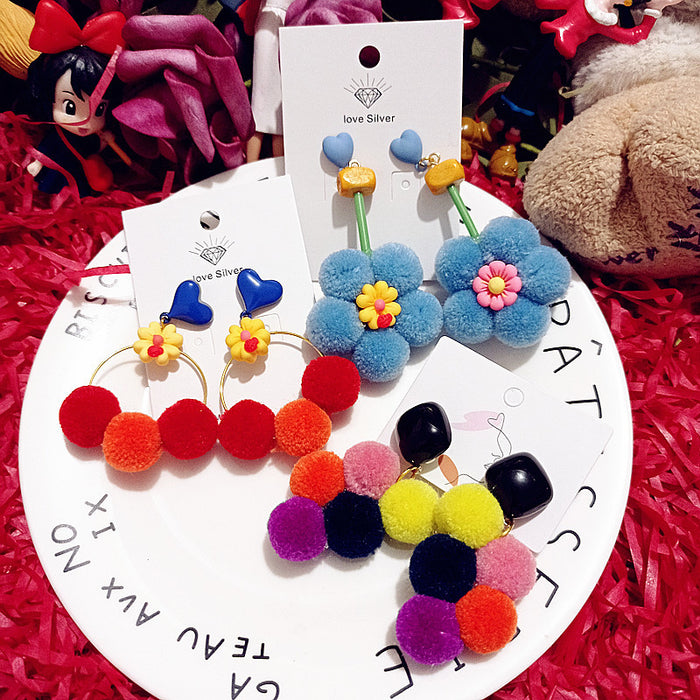 Wholesale Earrings Fabric Colorful Hairballs Boho Exaggerated Earrings JDC-ES-Xingj027