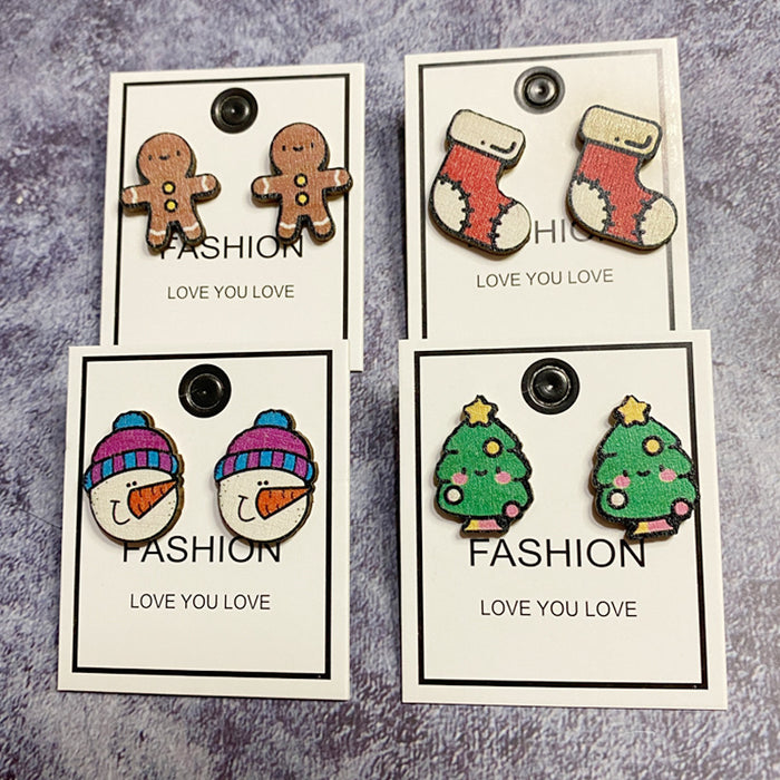 Wholesale Earring Wooden Christmas Tree Snowman MOQ≥2 JDC-ES-Qunyi021