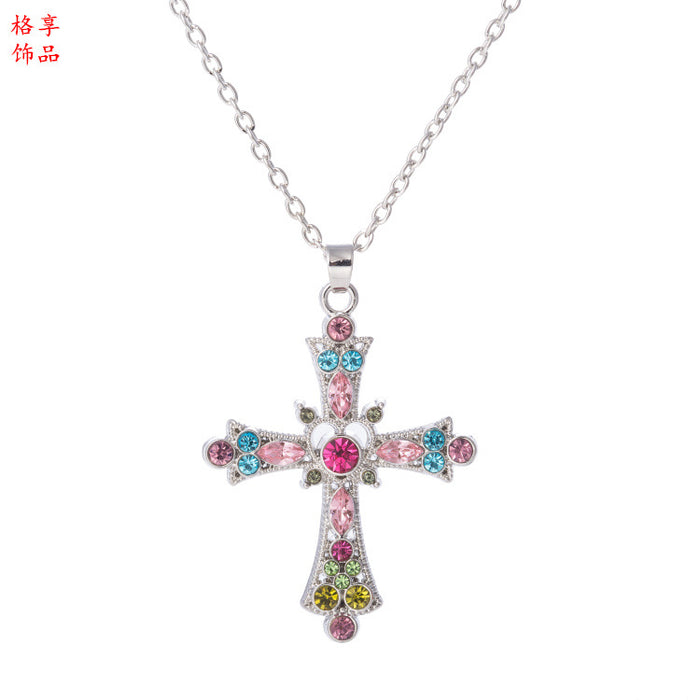 Wholesale Boho Style Crystal Diamond Color Cross Pendant Necklace MOQ≥2 JDC-NE-GEXA001