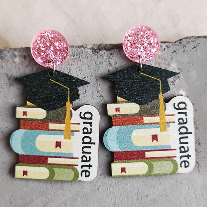 Wholesale Earrings Wooden Teacher's Day Cute Book Graduation Caps 3 Pairs JDC-ES-Heyi054