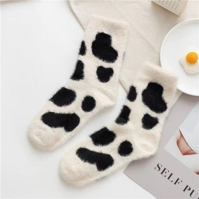 Wholesale Sock Cotton Mink Fleece Black and White Cow Pattern Thick Breathable Sweat-absorbing MOQ≥2 JDC-SK-LanXii001