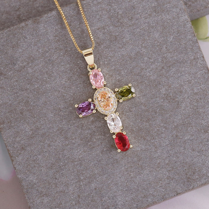 Wholesale Copper Micro Inlaid Zircon Cross Pendant Personality 18K Gold Necklace JDC-NE-Bingm021