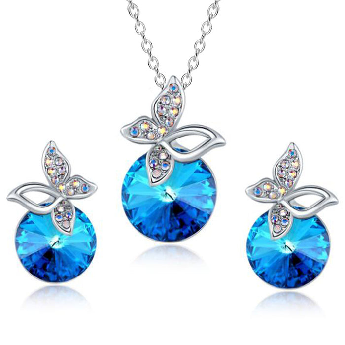 Wholesale temperament blue crystal necklace blue butterfly earrings jewelry set JDC-NE-XunO054