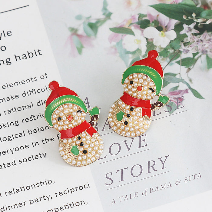 Wholesale Earrings Alloy Enamel Pearl Christmas Snowman JDC-ES-JJ333