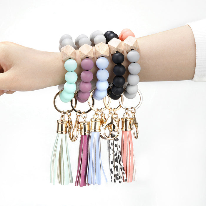 Wholesale Silicone Beaded PU Leather Tassel Wristlet Keychain JDC-KC-ZiGe001