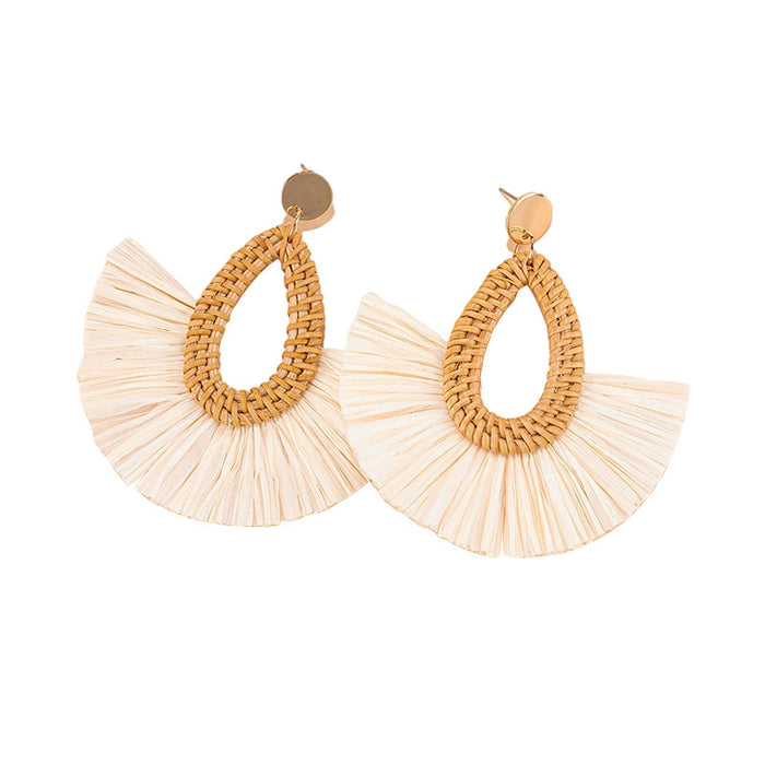 Wholesale rattan tassel earrings women's high-end fan-shaped  MOQ≥3 JDC-ES-XLH005