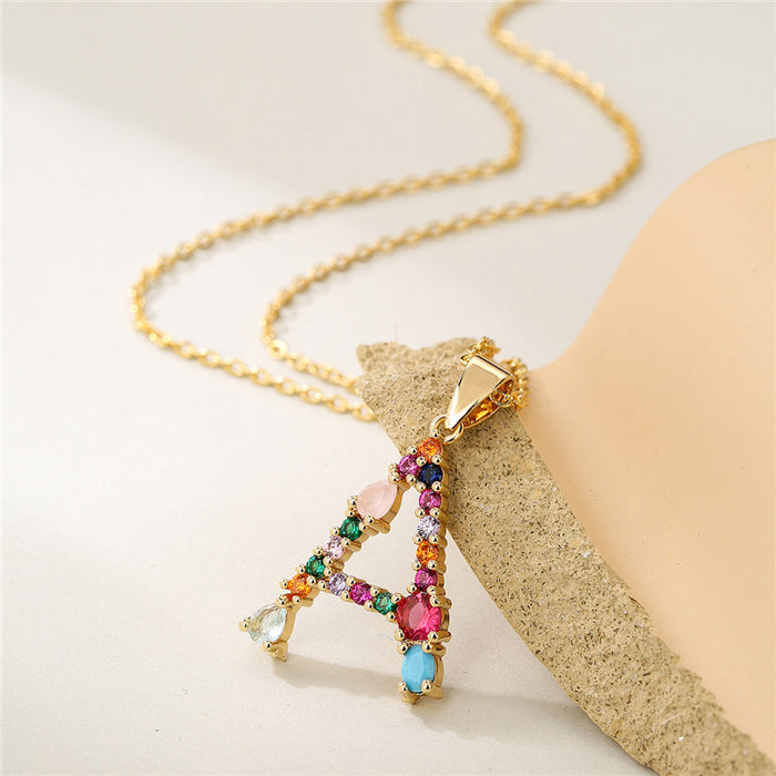 Jewelry WholesaleWholesale 26 English alphabet necklace mixed color gemstone inlaid collarbone chain JDC-NE-AG146 Necklaces 澳古 %variant_option1% %variant_option2% %variant_option3%  Factory Price JoyasDeChina Joyas De China