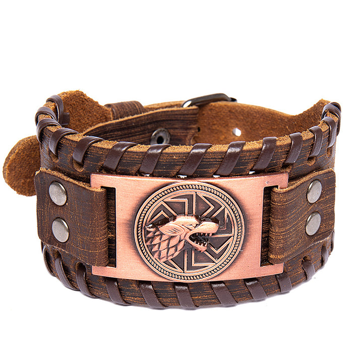 Wholesale Vintage Braided Leather Bracelet Punk Metal Wolf Head Totem Bracelet JDC-BT-BaB006