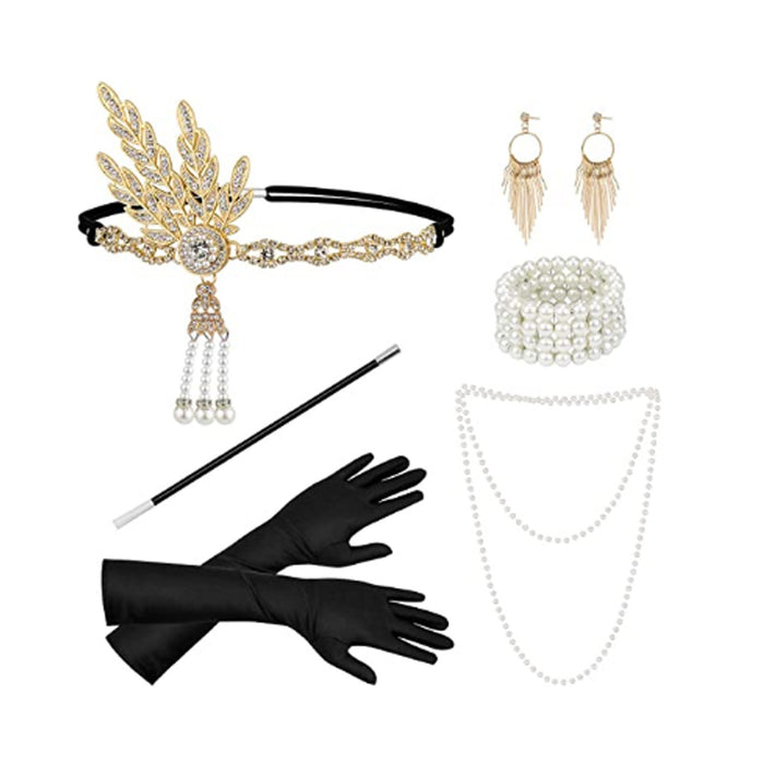 Wholesale Clothes Gatsby Party Feather Headband Pearl Necklace Set MOQ≥10 JDC-CTS-LangDao002