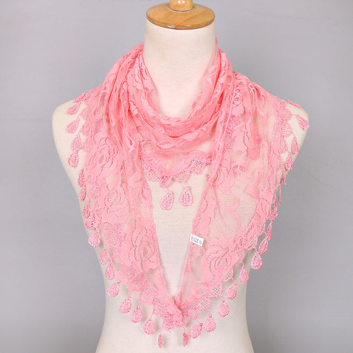 Wholesale Nylon Lace Triangular Scarf Rose Flower Tassel Triangle Scarf JDC-SF-WenJ002