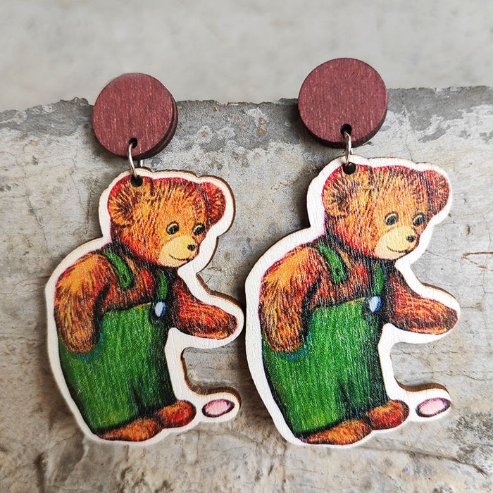 Wholesale Earring Wooden Cute Bear Brown Bear 2 Pairs JDC-ES-HeYi043