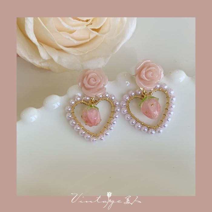 Wholesale Little Strawberry Women Cute Pink Rose Pearl Earrings JDC-ES-Xinx012