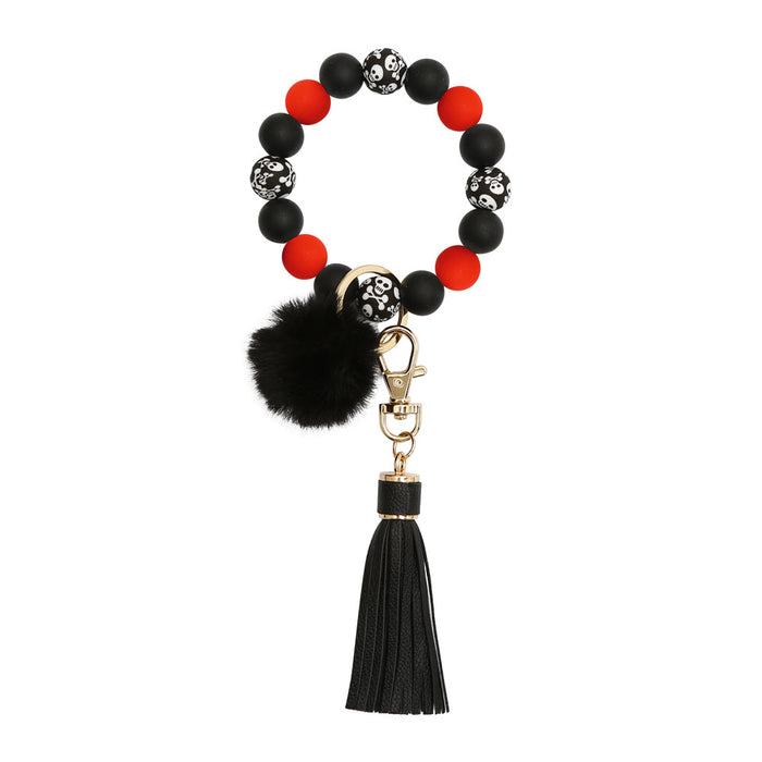 Wholesale Skull Hairball Leather Tassel Silicone Beaded Wristlet Keychain JDC-KC-JM036