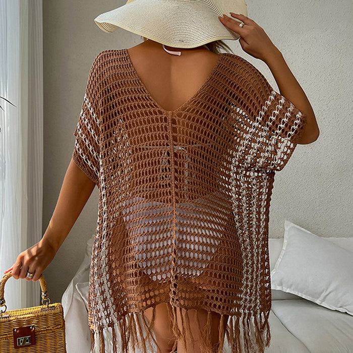 Wholesale contrast color loose tassel hollow beach sun protection clothing bikini JDC-SW-CYI009