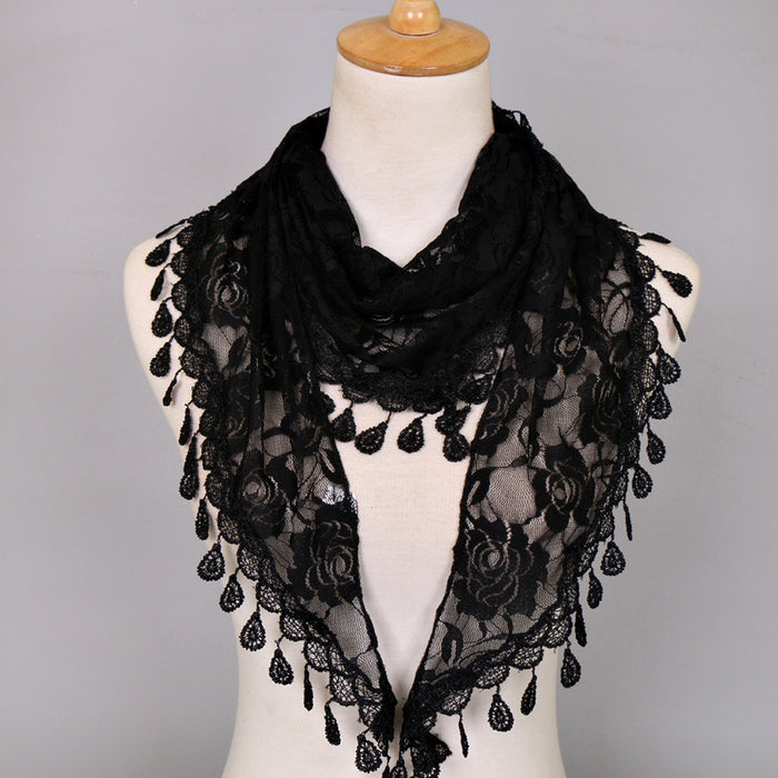 Wholesale Nylon Lace Triangular Scarf Rose Flower Tassel Triangle Scarf JDC-SF-WenJ002