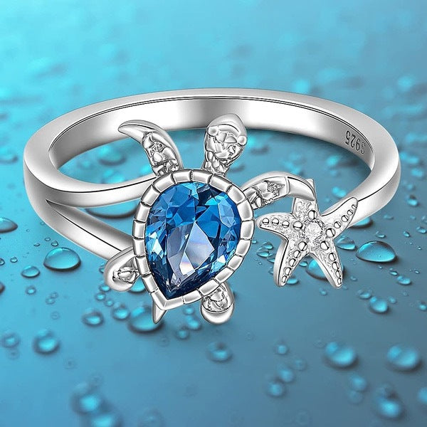 Wholesale Cute Blue Turtle Starfish Ladies Open Zircon Ring MOQ≥2 JDC-RS-QianZ008