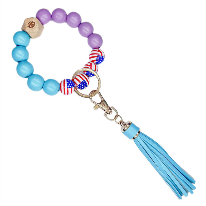 Wholesale 4th of July Independence Day Wood Beaded Wristlet Keychain JDC-KC-WuoD035