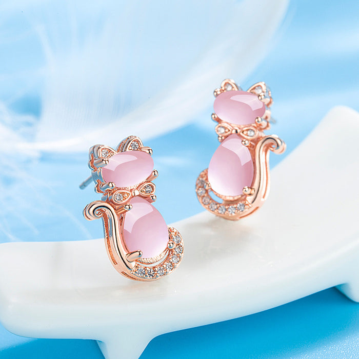 Wholesale Pink Crystal Cat Copper Earrings JDC-ES-Gaos002