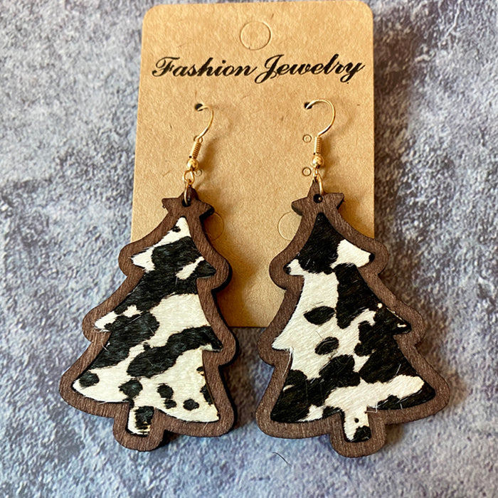 Wholesale Earrings Wooden Leopard Cow Pattern Leather Inlay MOQ≥2 JDC-ES-Qunyi023